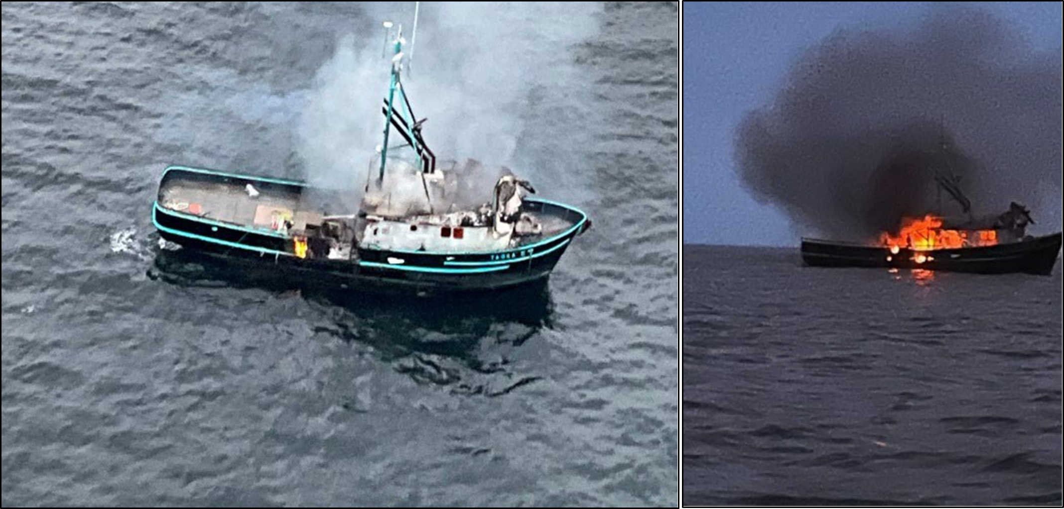 The Tarka II as seen on the U.S. Coast Guard overflight (left) and the Tarka II as seen by the captain upon returning to the vessel (right), both on the night of the fire. Sources: U.S. Coast Guard and Tarka II captain.